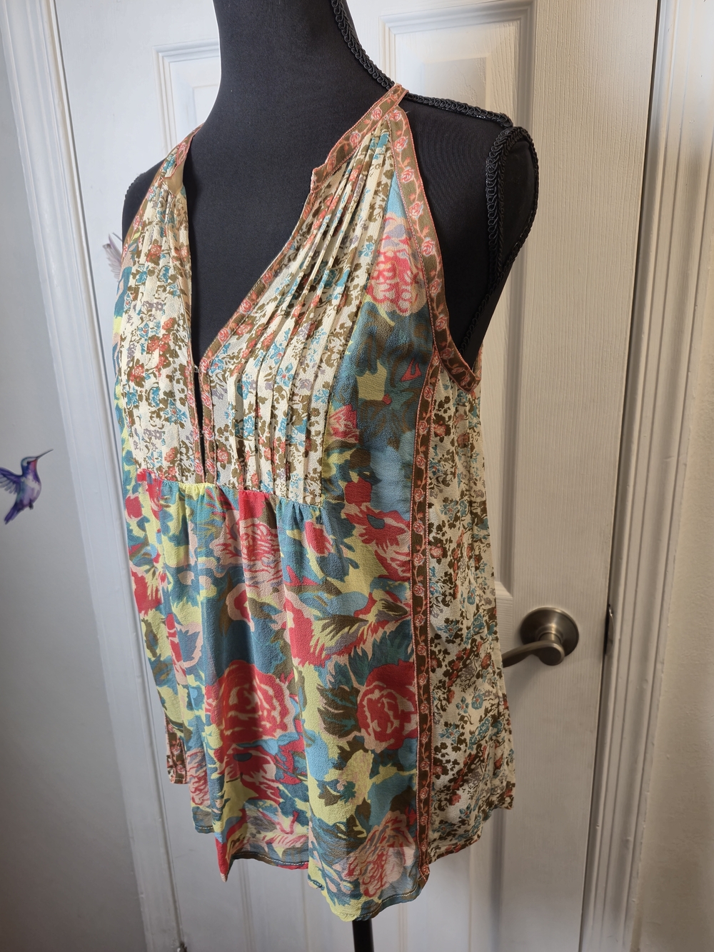 JOIE 100% Silk Patchwork Floral Mixed Print Pleated Halter Tank Blouse M - Picture 3 of 6